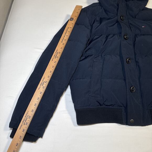 Tommy Hilfiger Mens Large Puffer Jacket Hooded Winter Coat Logo Patch Navy Blue - Picture 13 of 16